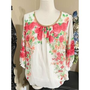 Floral 3/4 Sheer Blouse with Embellished Collar Size M NWT